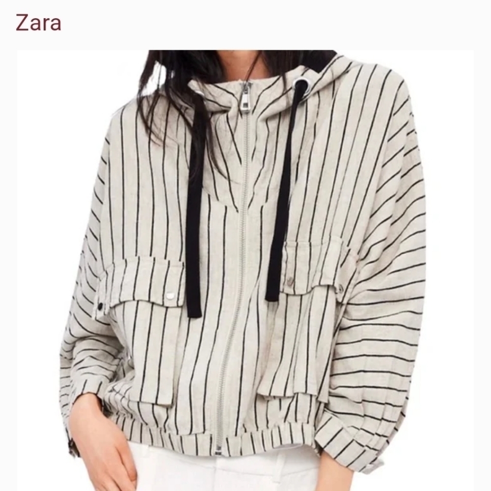 Zara Zip Hooded Lightweight Jacket Sz S Linen Loose